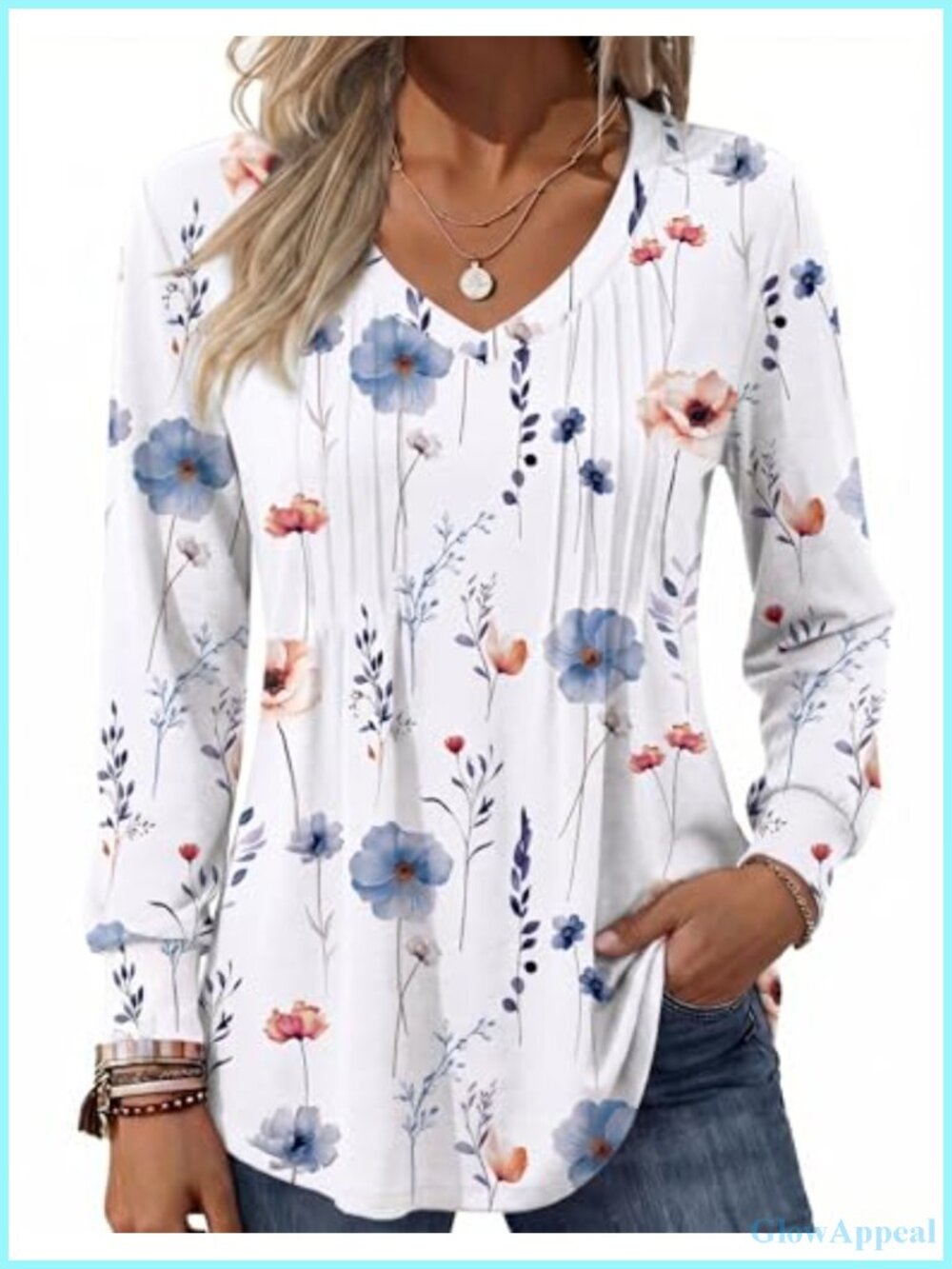Puff Long Sleeve Pleated V Neck Tunic Blouse Dressy Casual Top